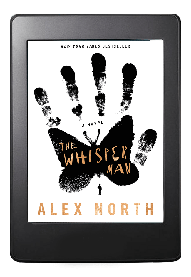 An e-reader displaying the cover of the novel "the whisper man" by alex north, featuring a stark, ominous handprint design.