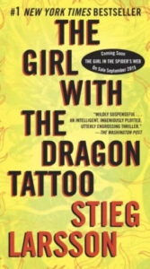A graphic book cover for "the girl with the dragon tattoo" by stieg larsson, featuring bold lettering on a fiery red background, hinting at the intense and thrilling narrative within.