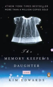 A novel cover with a dreamy atmosphere featuring a white, translucent dress floating amidst a soft, starlit backdrop, hinting at the themes of memory and family in 'the memory keeper's daughter' by kim edwards.