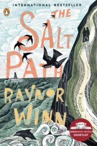 A book cover illustration for "the salt path" by raynor winn, featuring stylized elements such as waves, birds, and a winding path, highlighting its nature theme and journey motif.