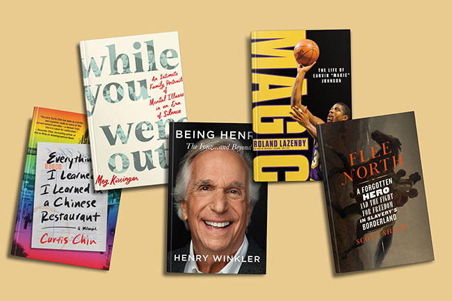 An array of six books laid out, each featuring different cover designs and titles, with a portrait of henry winkler in the center against a background that suggests he may be the author or subject of the books surrounding him.