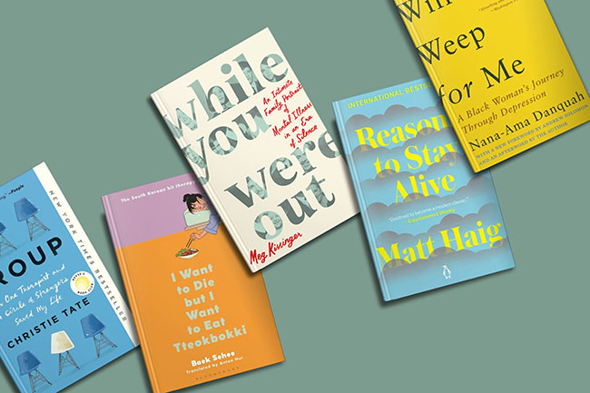 A collection of diverse books spread out, featuring various topics from personal memoirs to mental health and inspirational journeys.