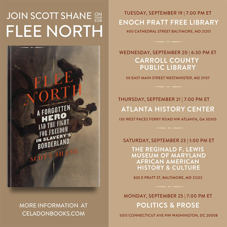 Book tour announcement featuring the cover of "flee north" by scott shane, with event details for multiple dates and locations.