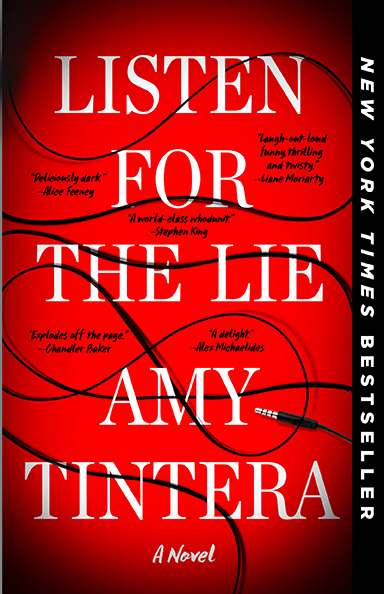 Red book cover with tangled black headphone cords and bold white text: "Listen for the Lie" by Amy Tintera.