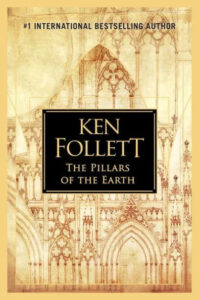 Ken follett's 'the pillars of the earth' book cover, featuring gothic cathedral architecture in a golden hue, highlighting the book's historical and architectural themes.