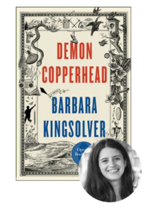 An overlay of a smiling woman's portrait on the cover of the book "demon copperhead" by barbara kingsolver, featuring an elaborate border design with snakes and plants.