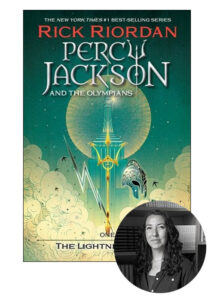 Cover of "percy jackson and the olympians: the lightning thief", a fantasy-adventure novel by rick riordan, with an inset of a woman possibly associated with the book.