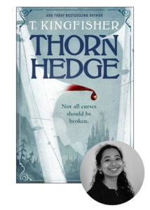 A smiling woman shown in a circular inset at the bottom right corner appears to be looking at the cover of a fantasy book titled "thornheart," by a usa today bestselling author, t. kingfisher, with the intriguing tagline "not all curses should be broken." the cover features a mysterious, snowy landscape with bare trees and a large, ornate key with a red gemstone at the handle, suggesting a tale of magic and adventure.
