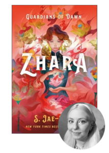 A vibrant book cover for 'guardians of dawn: zhara' featuring an illustration of a female character surrounded by fiery floral designs, with a thumbnail of the author, showcasing her content smile and light hair.