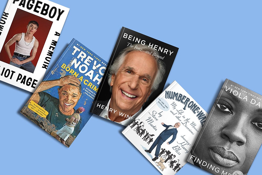 A collection of autobiographies and memoirs by popular figures, showcasing their portraits on the book covers.