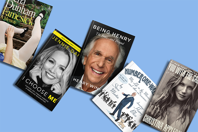 Five celebrity memoirs arranged diagonally on a light blue background, covers visible and colorful.