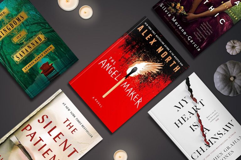 A collection of thriller and mystery novels artfully arranged with candles and a decorative element, suggesting a cozy, intriguing reading atmosphere.