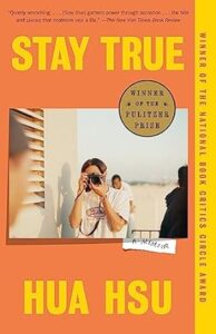 A person capturing a moment with a camera, set against the backdrop of a warm, pastel-toned cover for the book "stay true" by hua hsu, adorned with the accolades of winning the pulitzer prize and the national book critics circle award.