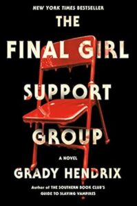 A blood-splattered folding chair, a chilling symbol of survival and horror, ominously stands as the centerpiece for grady hendrix's novel 'the final girl support group'.