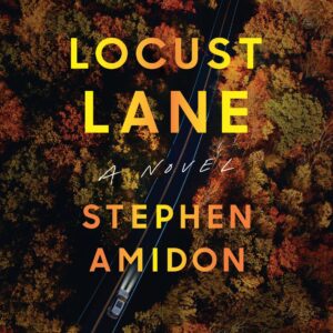 Aerial view of a road cutting through a colorful autumn forest with a single car traveling along it, overlaid with the title "locust lane" and "a novel" with the author's name "stephen amidon" in bold typography.