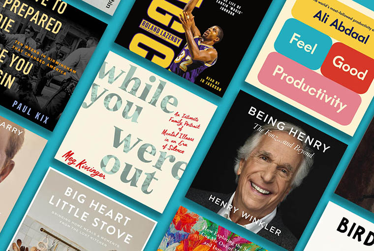A collage of book covers featuring various titles and authors, including motivational and self-help themes, with a central focus on an autobiography by henry winkler.