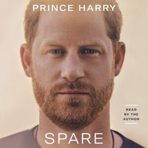 A portrait of a man with a beard and short hair, set against a neutral background, with the text "read by the author" indicating an audiobook, and a title below that reads "spare.