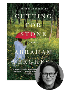 A novel titled "cutting for stone" by abraham verghese, depicted with an artistic cover featuring a figure holding a red umbrella walking through a lush, flower-filled forest. below the title is a small photograph of the author, a woman smiling warmly, wearing glasses.
