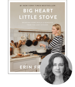 A woman with a content smile cooking in a homely kitchen, surrounded by wooden utensils and a rustic aesthetic, represents the essence of 'big heart little stove' by erin french, celebrating home-cooked meals and cherished moments.