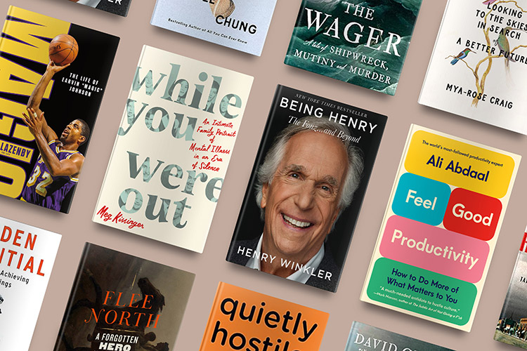 A collage of various books with different topics, including memoirs, self-help, sports, and fiction, representing a diverse reading selection.