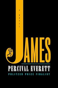A bold book cover featuring the title "james" in large, capital yellow letters with the author's name "percival everett" beneath it and an emblem of a running figure, all set against a black background. the book is noted as being from a "pulitzer prize finalist.