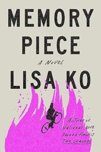 Book cover of "memory piece" by lisa ko, featuring a sharp contrast of text against a backdrop that includes an abstract, flame-like purple shape with a silhouette of a person riding a bicycle.