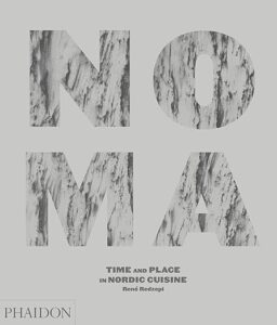 A minimalist book cover design featuring the title "noma: time and place in nordic cuisine" by rené redzepi with a marble pattern filling the letters against a plain background.