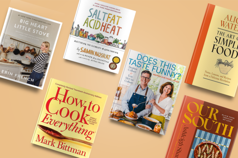 A collage of six cooking and food books, including titles by Erin French and Mark Bittman, against an orange background.