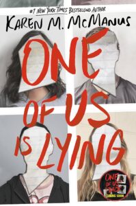 Cover design for 'one of us is lying'—a mysterious and gripping novel with a collage of four characters, their faces obscured by paper, hinting at the secrets and suspense within the pages.