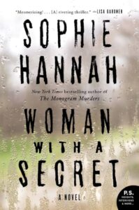 A novel titled "woman with a secret" by sophie hannah, the new york times bestselling author of "the monogram murders." the cover features a blurred background suggestive of a window streaked with raindrops, hinting at mystery and obscured truths.