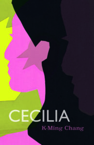 Abstract silhouettes with vibrant colors: an artistic representation of profiles with a mysterious overlay of shapes and text "cecilia k-ming chang.