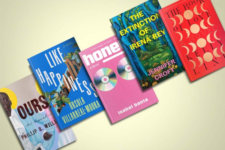 Five colorful books with artistic covers displayed against a light background, showcasing a variety of literary works.