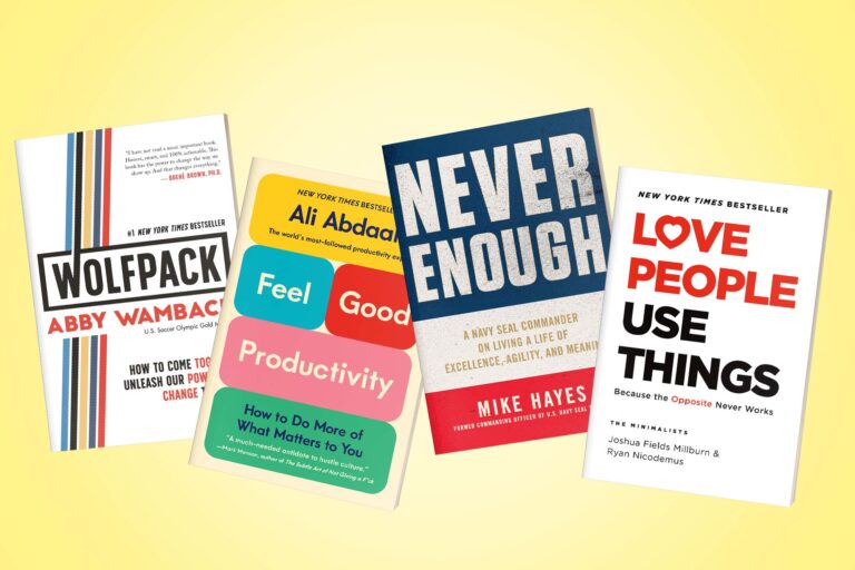 A collection of five books with colorful covers is spread out against a yellow background, featuring a range of topics from teamwork and productivity to self-improvement and societal commentaries.