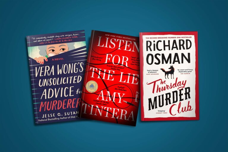 Three mystery novels laid out on a blue surface, offering a diverse range of intriguing stories for readers who love a good whodunit.