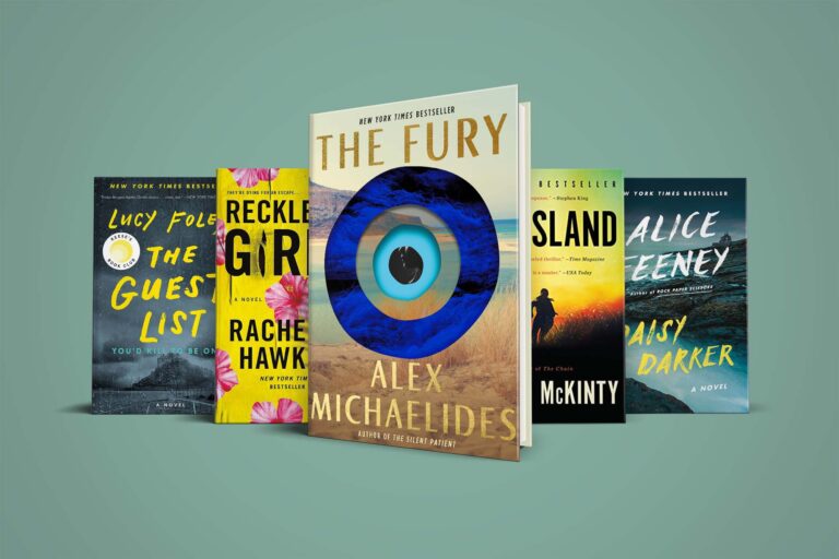 A collection of six thriller novels displayed with eye-catching covers against a subdued teal background.