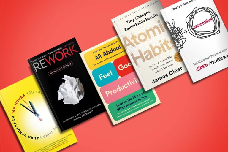 A diverse selection of bestselling self-improvement and productivity books spread out on a vibrant red background.