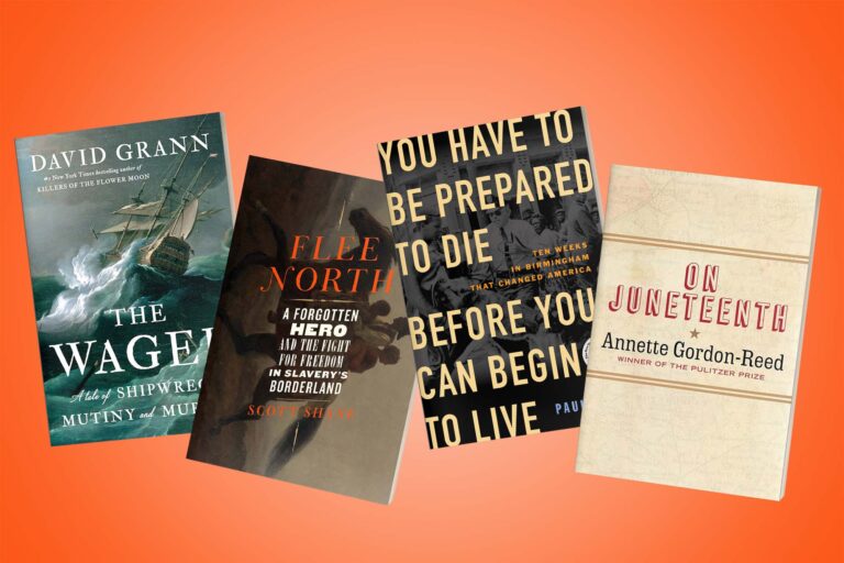 A collection of book covers on an orange background, each showcasing stories of historical significance and struggles for freedom, with titles that hint at tales of determination, heroism, and the quest for justice.