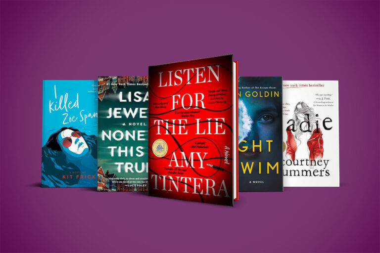 A vivid collection of thriller novels displayed against a purple background, each cover teeming with mystery and suspense.