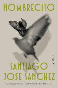 A conceptual book cover featuring the title 'hombrecito' in bold letters at the top, with 'santiago jose sanchez' as the author's name below, all set against a sepia-toned backdrop with a blurred image of a dove in flight, evoking a sense of motion and tranquility.
