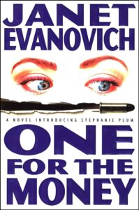 Book cover for "one for the money" by janet evanovich featuring a pair of eyes with emphatic eyebrows and a lipstick tube, symbolizing elements of mystery and femininity.