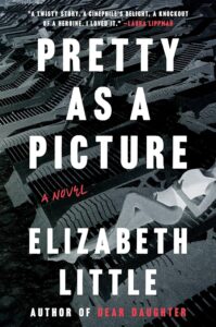 A mysterious and intriguing book cover for "pretty as a picture" - a novel by elizbeth little, with a stark contrast of red text over a black and white photograph featuring fragmented images of a person's face and film negatives.