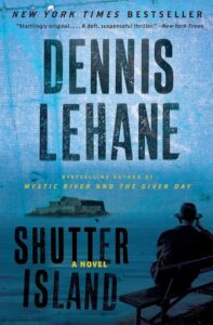 A mysterious figure sits silhouetted against a stormy sky, gazing out toward an isolated island with a lighthouse, suggesting a tale of intrigue and suspense in the novel "shutter island" by dennis lehane.