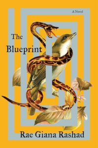 An artistic book cover featuring the title "the blueprint" by rae giana rashad, with an illustration of a bird and a snake intertwined, set against a striking yellow background with geometric shapes.