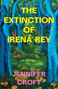 A vibrant forest scene with whimsical blue trees under a sunlit canopy, teasing the mysterious atmosphere of "the extinction of irena rey," a novel by jennifer croft.