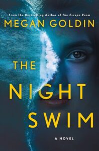 A close-up of a woman's face divided by a line that resembles a breaking wave, symbolizing intrigue and mystery, which is fitting for a novel titled "the night swim" by megan goldin.