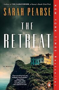 A mysterious and ominous book cover for "the retreat" by sarah pearse, featuring a lone, isolated building perched atop a craggy cliff under a stormy sky, hinting at a thrilling and suspenseful story within.