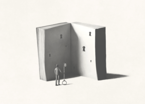 A solitary figure stands before an oversized open book with multiple keyholes, holding a key and contemplating which lock it might open.