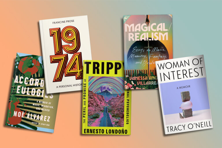 Five books are arranged on a pastel mosaic background. each book features distinct cover art, including lively fonts and vibrant colors, representing various genres from memoirs to essays.