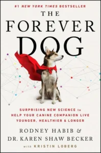 Book cover for "the forever dog" by rodney habib and karen becker featuring a small dog wearing a red cape amidst a network of colorful geometric lines.