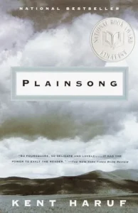 The image displays the cover of a book titled "plainsong" by kent haruf, which is labeled as a national bestseller and has an accolade from the american booksellers association. the new york times book review is quoted at the bottom, praising the book. the cover features a dramatic cloud-filled sky above a subdued landscape.